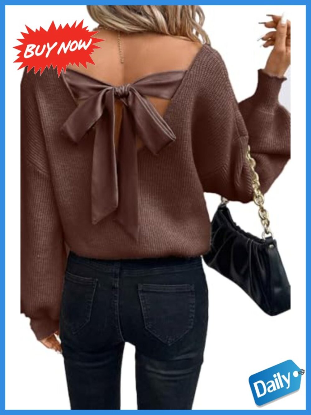 Women's Off Shoulder Bow Back Ribbed Knit Sweater Lantern Sleeve Top